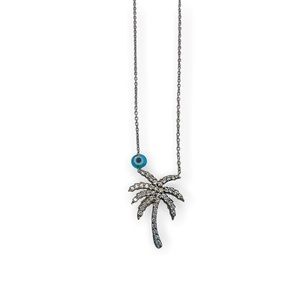 925 Silver Necklace Sparkly crystal Palm Tree Charm Evil Eye protection bead